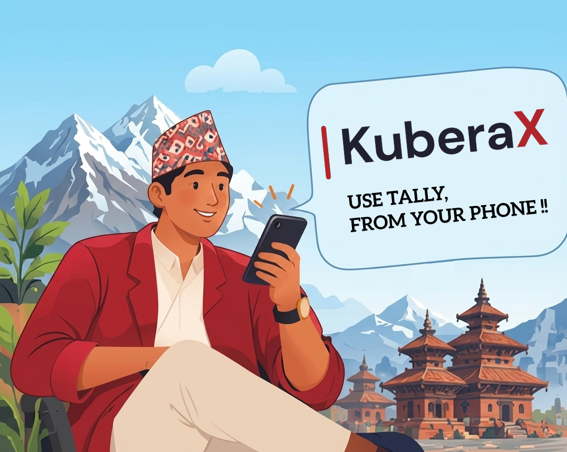 A Nepali business owner checking his Tally figures on his phone, with the Himalayas and Kathmandu temples behind him